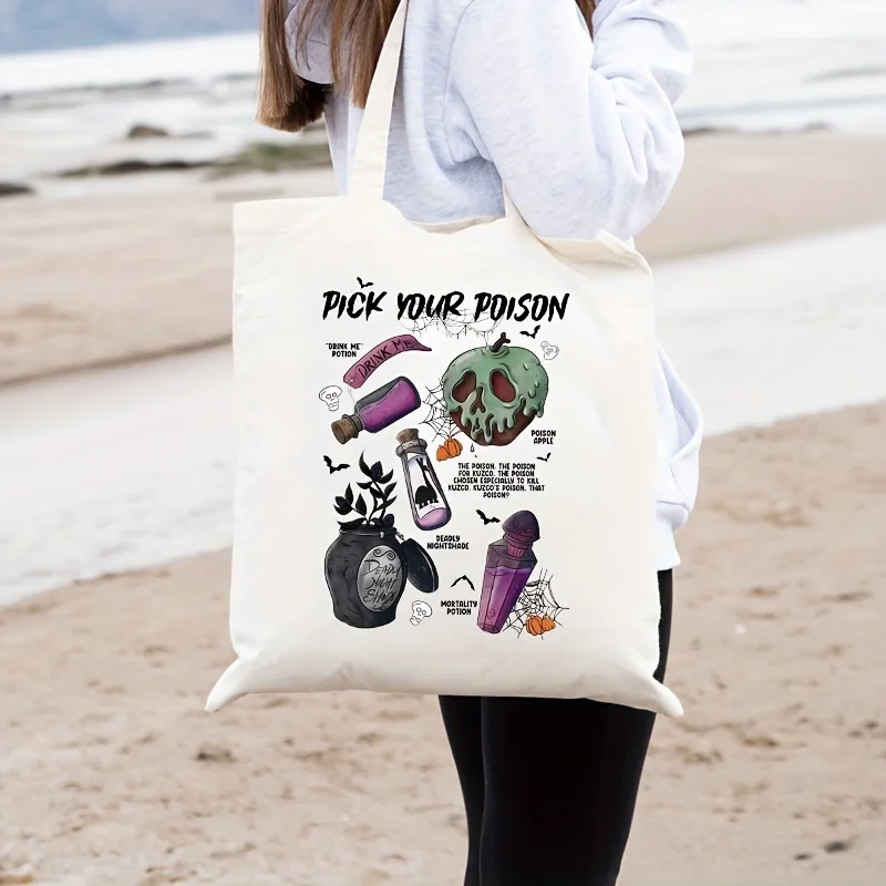 Pick Your Poison Pattern Tote Bag, Funny Halloween Canvas Gift Bag, Portable Shoulder Bag For Shopping