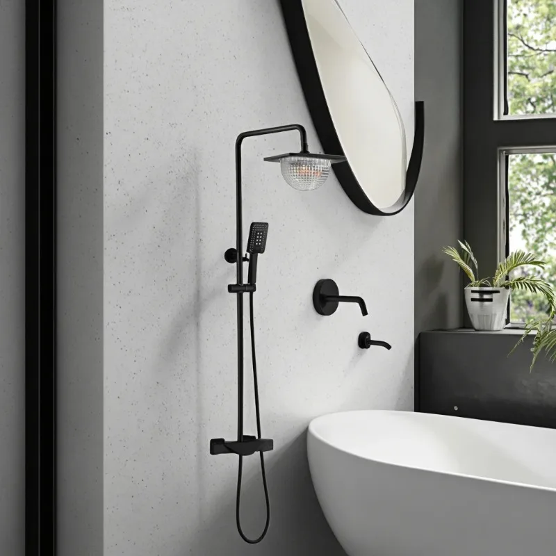 

Современный монтаж на один отверстий, новый дизайн, черный латунный термостатический душевой набор с керамическим клапанным сердечником, смеситель для дождевого душа