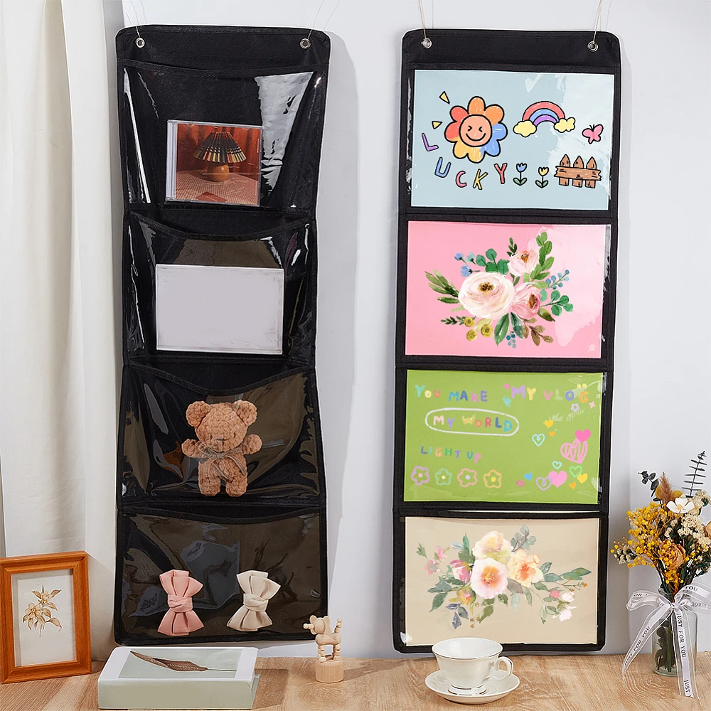 5Pcs Storage Pocket Chart for Classroom Black Rectangle Cloth Hanging Storage Bags with PVC Windows for Cards Drawing Pictures