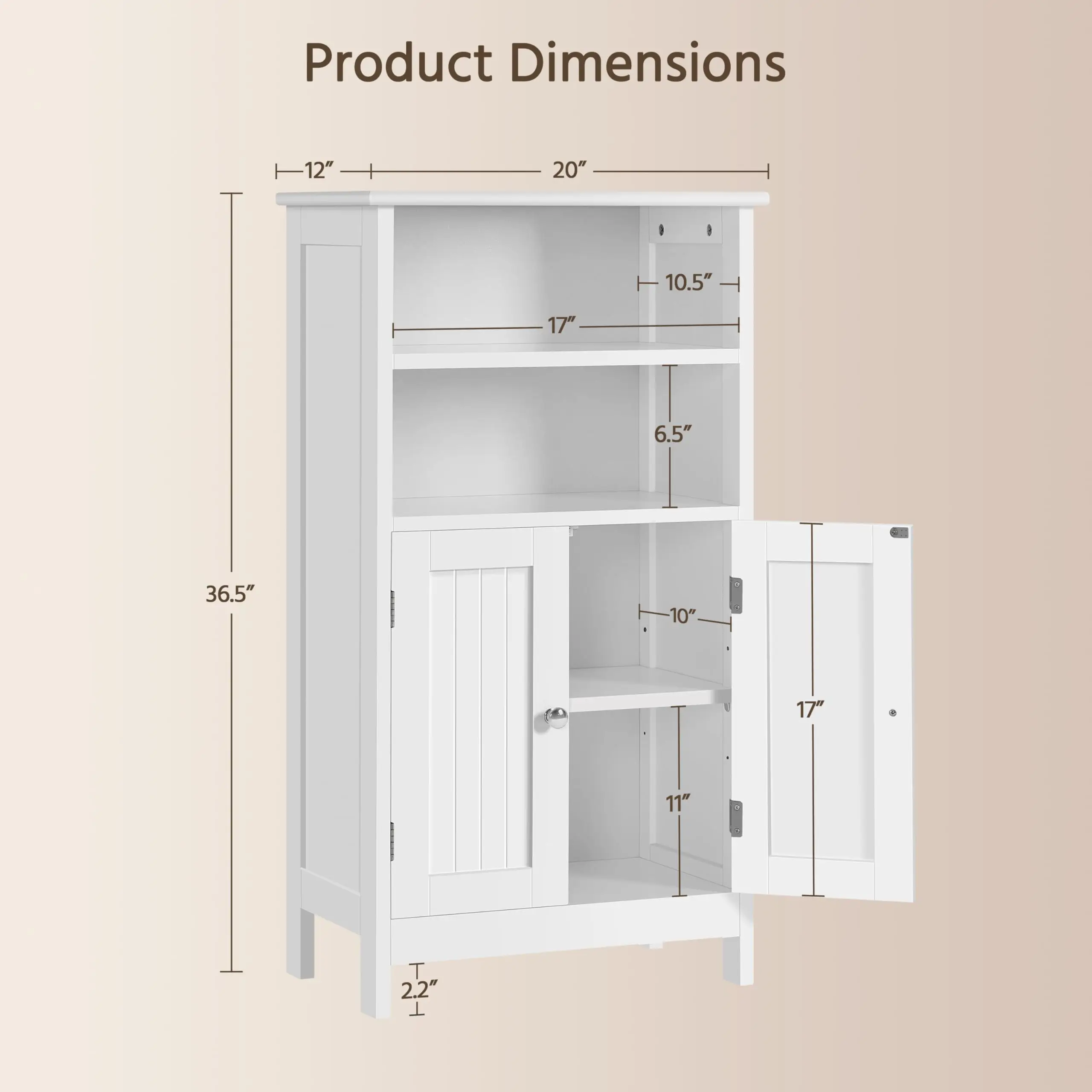 Storage Cabinet, Freestanding Floor Cabinet with Double Door, Adjustable Inner Shelf, Tall Side Organizer Cabinet, White