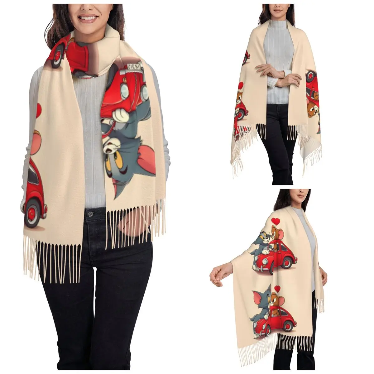 Tom And Jerry Cute Mouse Love Scarf for Womens Winter Warm Shawl Wrap Long Scarves with Tassel Lightweight