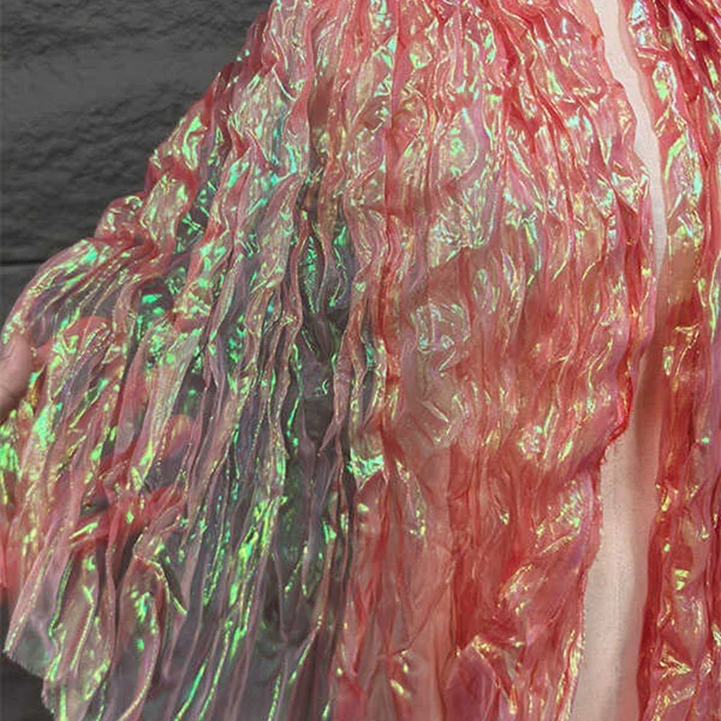 Colorful Pleated Laser Gradient Organza Fabric Wave Decoration Handmade DIY Clothing Fashion Mesh Fabric Mermaid Texture Cloth view 5