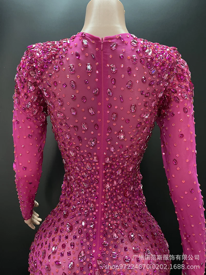High-end Rose Red Sparkling Diamond Temperament Long Dress Party Women High-end Dress Dragon Fruit Kleider Für Besondere Anlässe