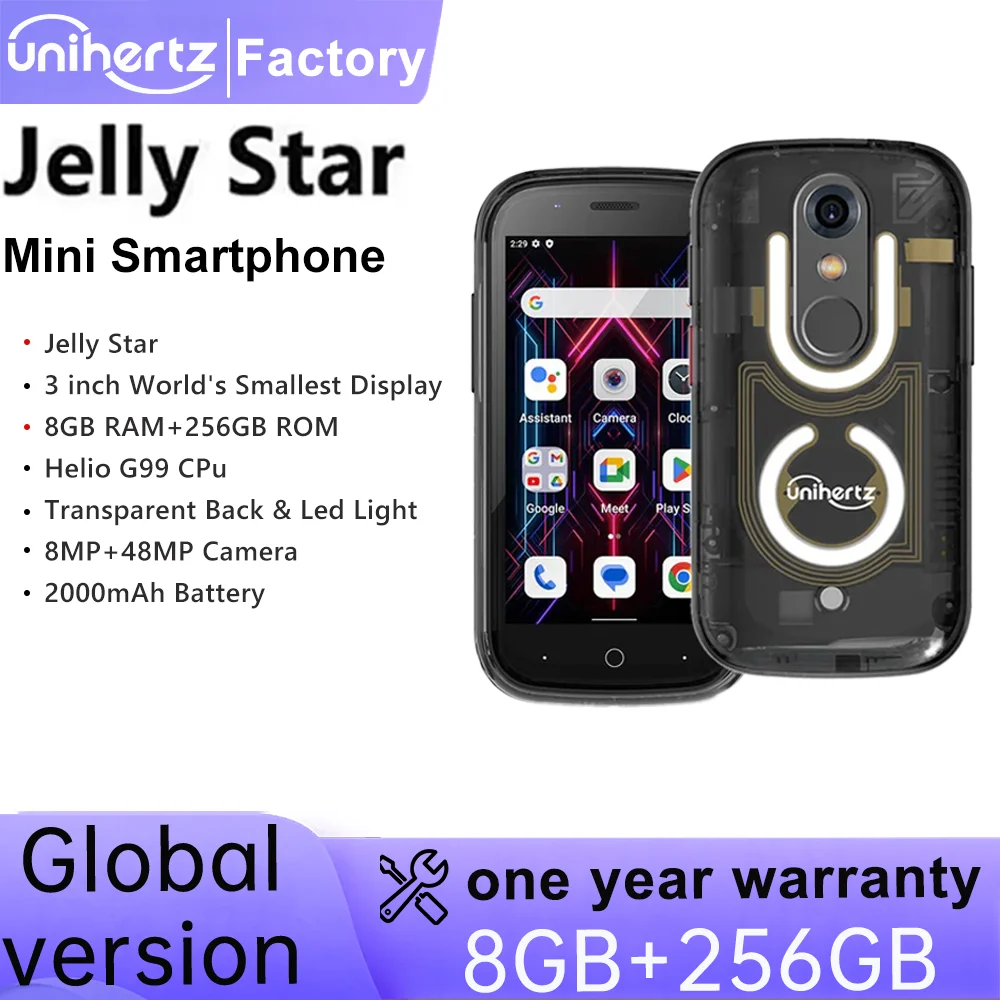 Unihertz Jelly Star Smallest Android 13 Smartphone 8GB 256GB Led Light Transparent Backshell Mobile Phone 48MP 3inch Cellphones