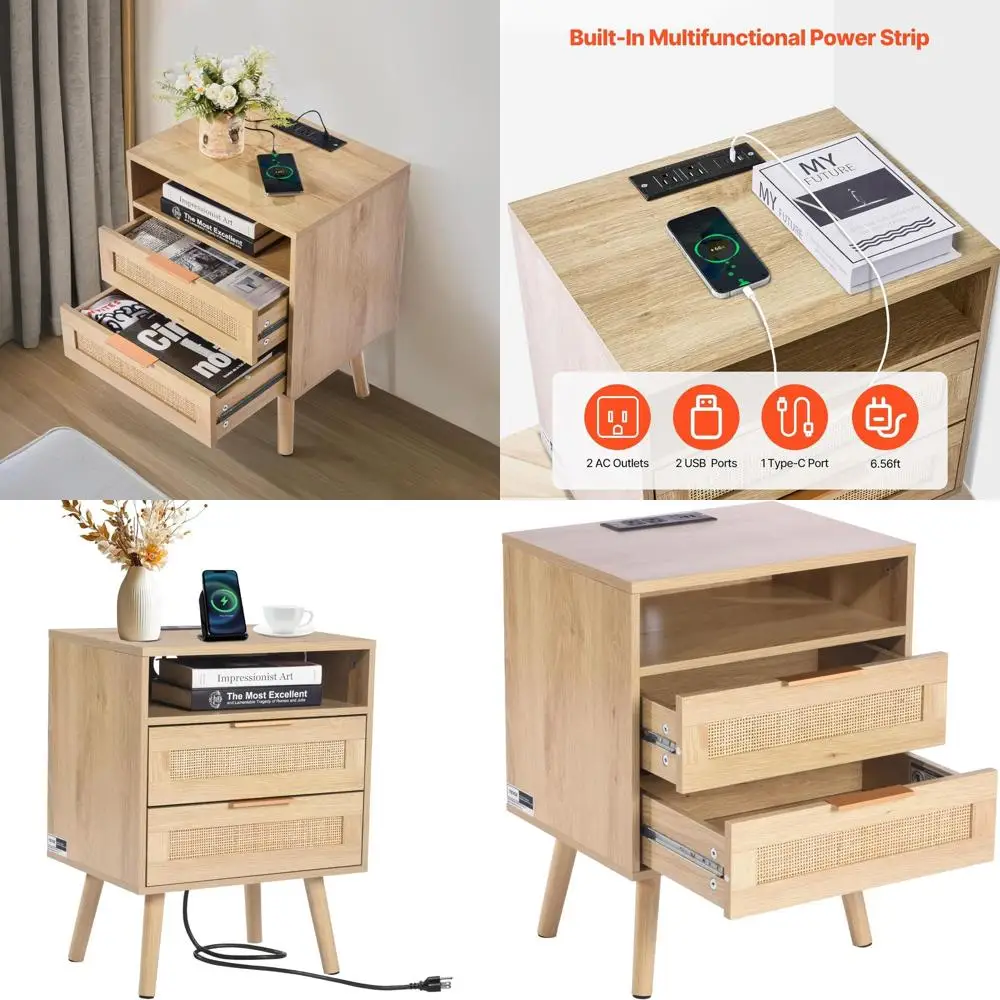 

Rattan Nightstand, Boho Bedside Table with Open Shelf 2 Drawers, End Table Nightstand with Solid Wood Legs, Rattan Bedside Table