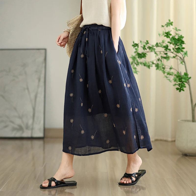 

Double Layered Floral Print Loose A-Line Midi Skirt High Waist Slimming Vintage Sle f-length Polyester Cotton Blend Skirt
