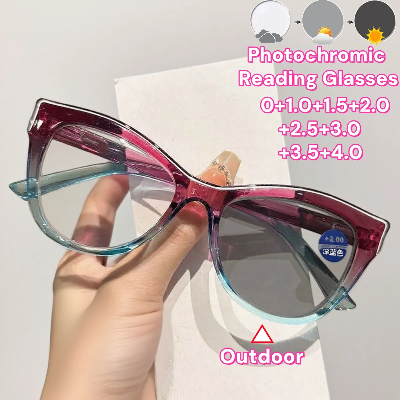 

Fashion Block Color Photochromic Reading Glasses Farsightedness Eyewear with Diopter +1.0+2.0 Cat Eyes Design for Men and Women