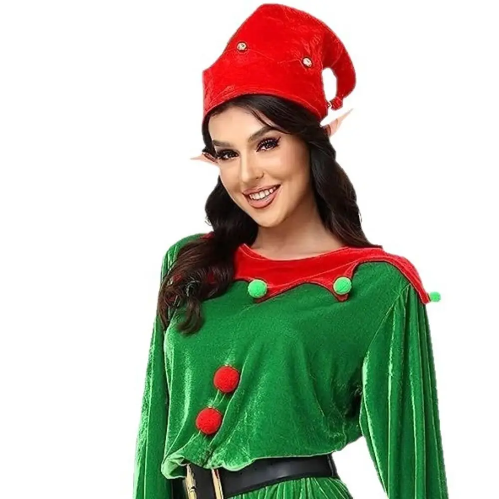 

New 6 Pack Christmas Elf Costume Xmas Suit Green Christmas Cosplay Clothing Parent-Unisex Velvet Girl Fancy Dress Costume Party