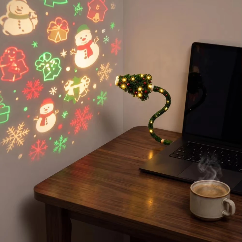 Christmas Tree Projection Light USB Plug-and-Play LED Projector with 6 Festive Scenes Gooseneck Lamp for Party Atmosphere