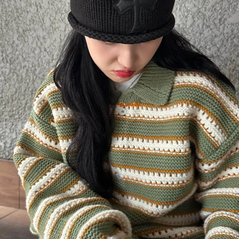 ANJY Autumn Winter New Women European Trendy High-End Striped Hollow Out Sweater Coat Versatile Single Breasted Loose Top A19502