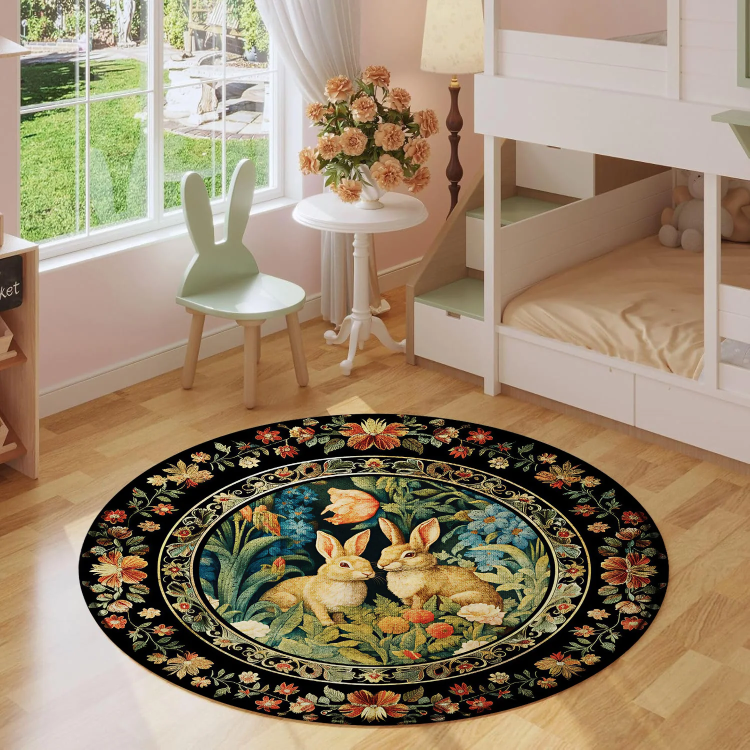 Vintage Round Rug with Cute Rabbits & Floral Vines Non-Slip Carpet for Entryway Bedroom Living Room Home Decor
