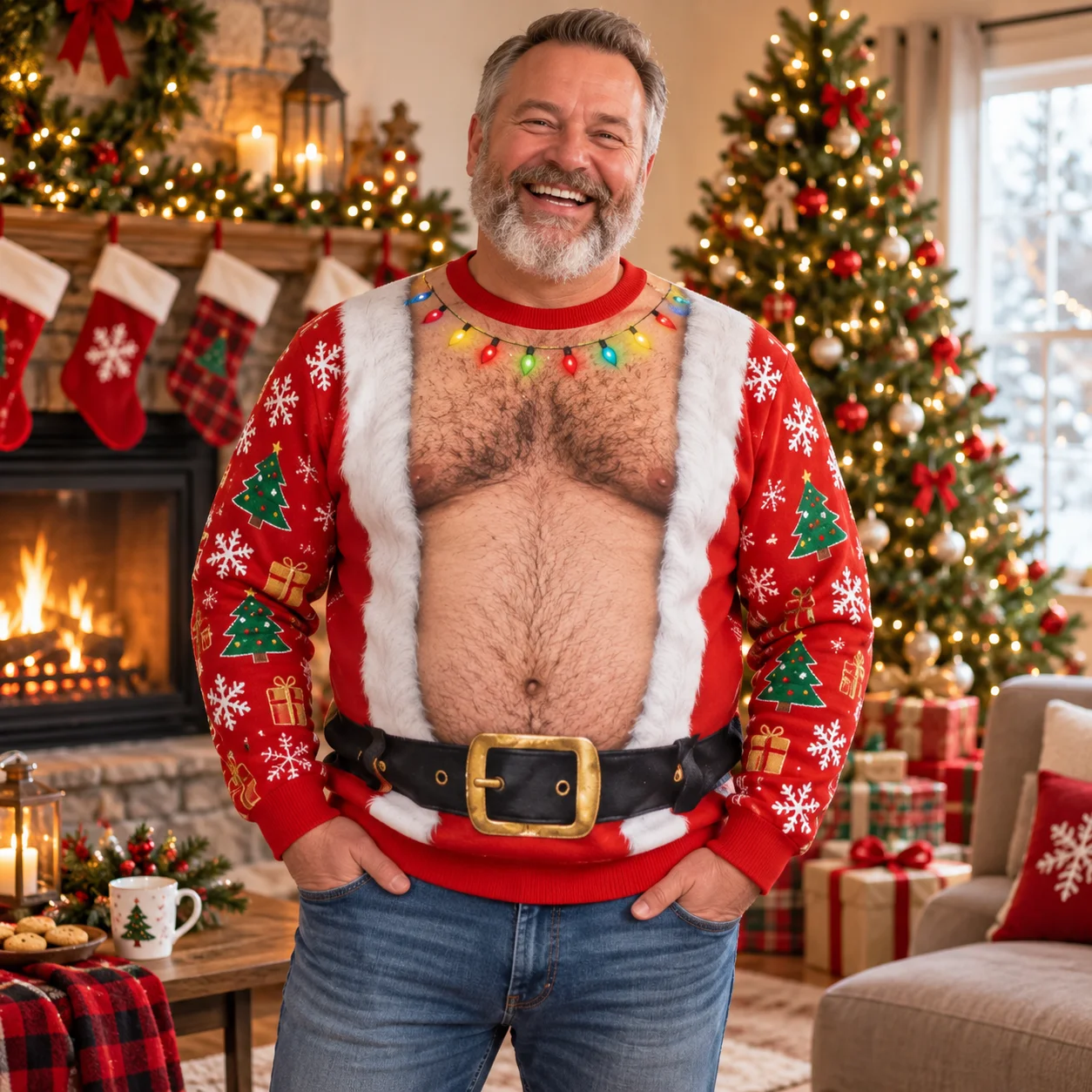 Santa Belly Illusion Hässlicher Weihnachtspullover für Herren, 3D-Druck, Polyester, Rundhals-Sweatshirt, lustiges Weihnachtskostüm, Pullover – Detail 11
