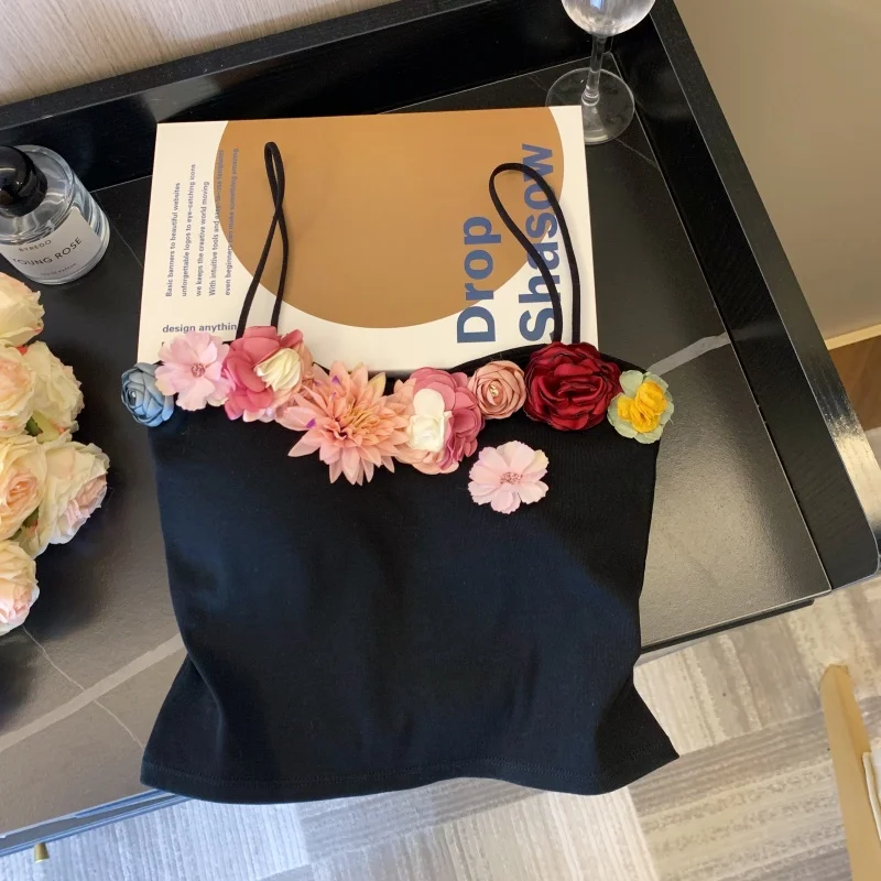 Estéreo flor camisola coletes feminino sexy elegante colheita topos 2025 verão sem mangas estilo francês moda chique senhoras camisetas topos estilingue