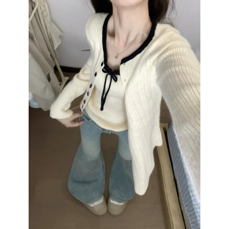 

Korean Knitted Cardigan with Suspenders Women's Autumn New Sweater Jacket Outer Top