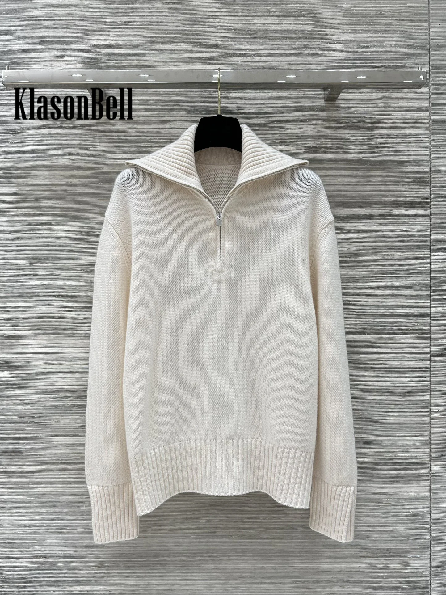 9.26 KlasonBell-Women Autumn Winter New Half Zipper Lapel Cashmere Keep Warm Knitwear Cuff Split Design All-match Sweater