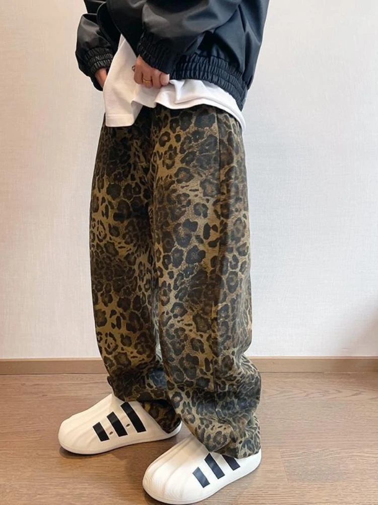 Men's Vintage Washed Camouflage Leopard Print Cargo Pants Military Green Loose Fit Trousers Retro Casual Streetwear Bottoms
