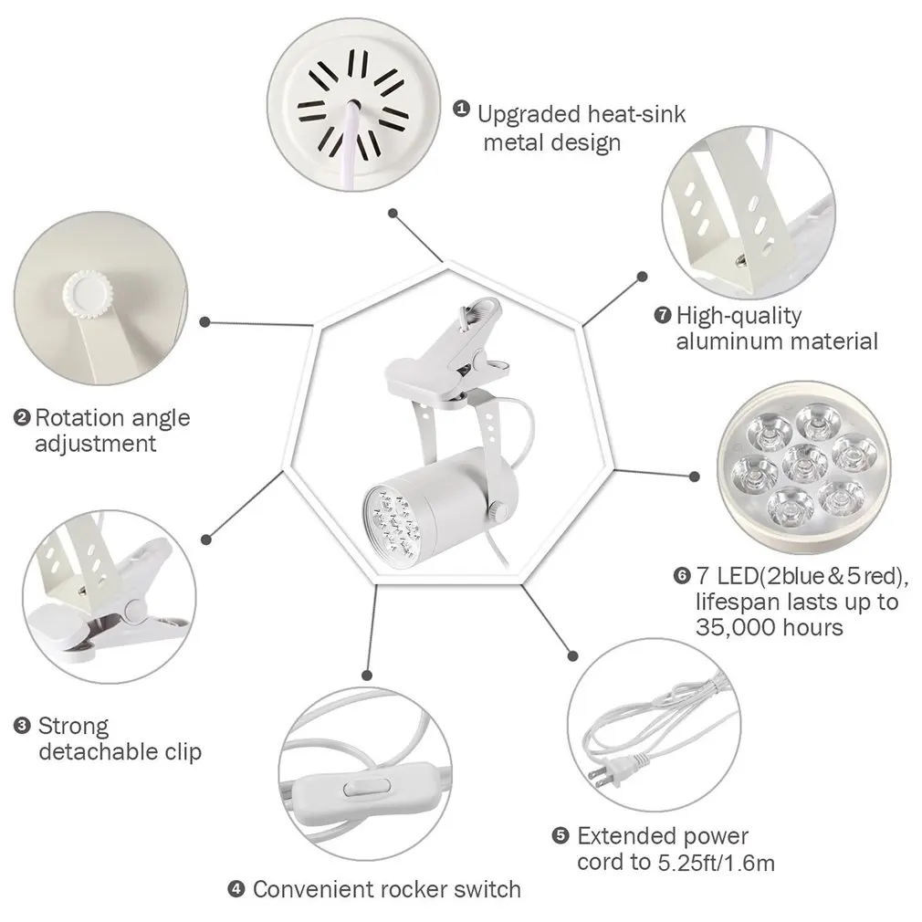 7W 화이트 알루미늄 LED 식물 빛 360 학위 조절 실내 식물 조명 클립 열 싱크 금속 디자인