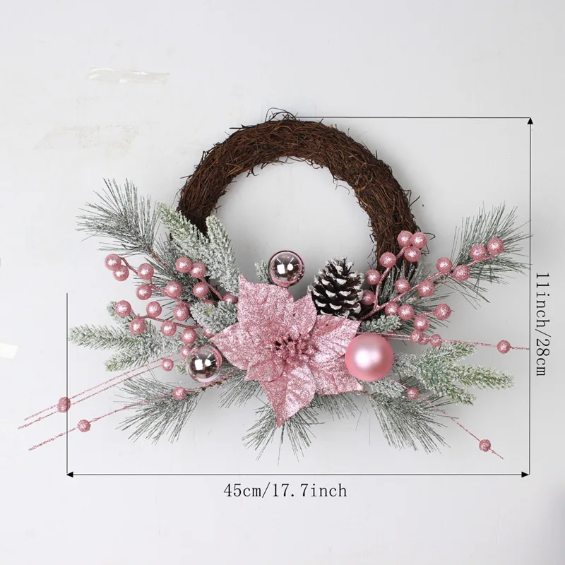 Christmas Pink Wreath with Balls Artificial Plant Rattan Garland Christmas Rattan Hanging Ornament for New Year Home Decoration