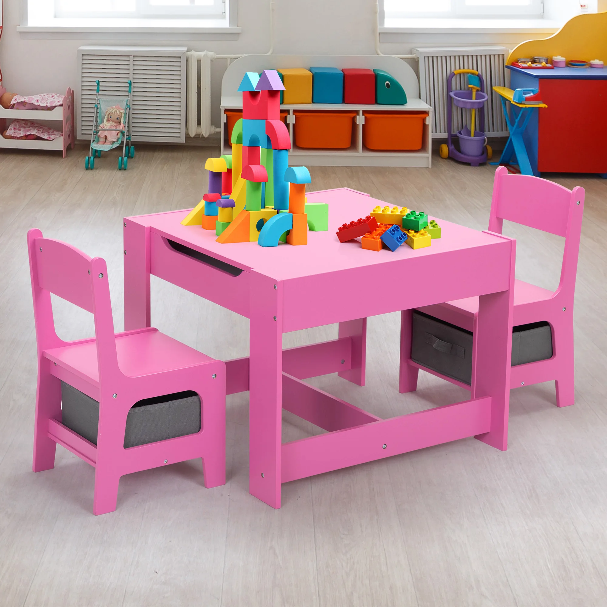 Three in one children's wooden table and two chairs, double-sided drawing table with storage space, blackboard, pink