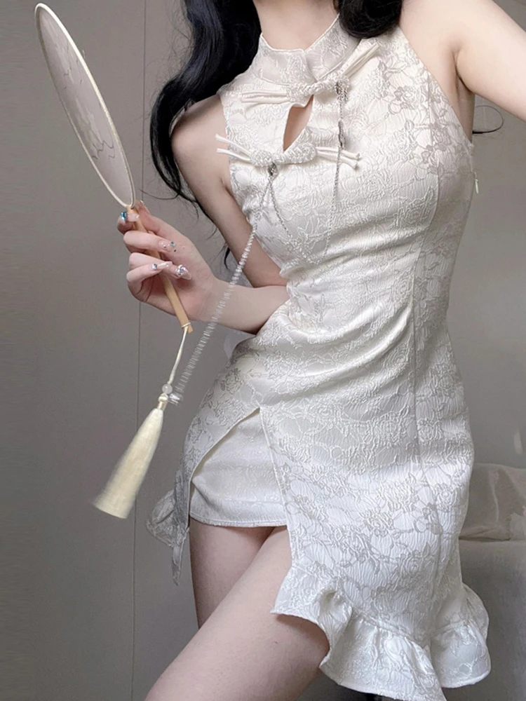 

Белое ципао Ele для молодых женщин: новая китайская версия, сексуальное, с круглым вырезом и низким разрезом, в стиле Pure Desire