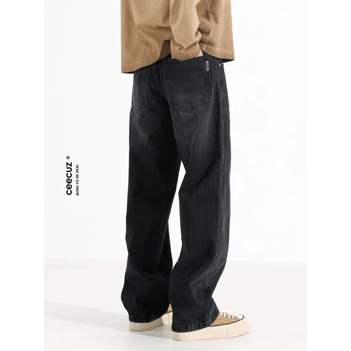 

Heavyweight Black Straight Leg Men's Jeans Washed Vintage Loose Wide Leg Long Trousers Spring Autumn New Style Casual Cotton ...