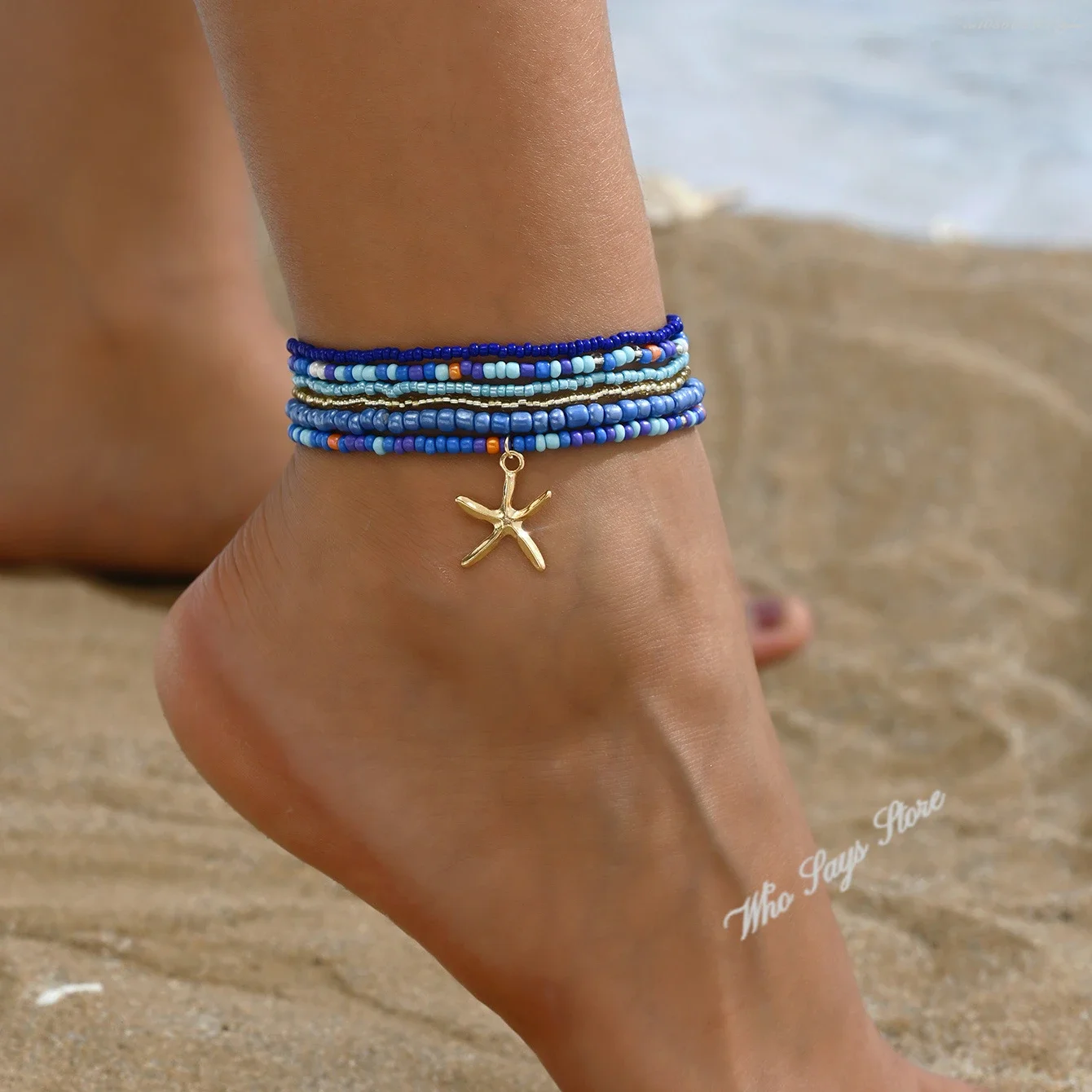 6pcs Colorful Starfish Pendant Anklet for Women Rice Beads Beaded  Summer Fashion Multi-layer Bracelet Anklet Bohemian Yhpup