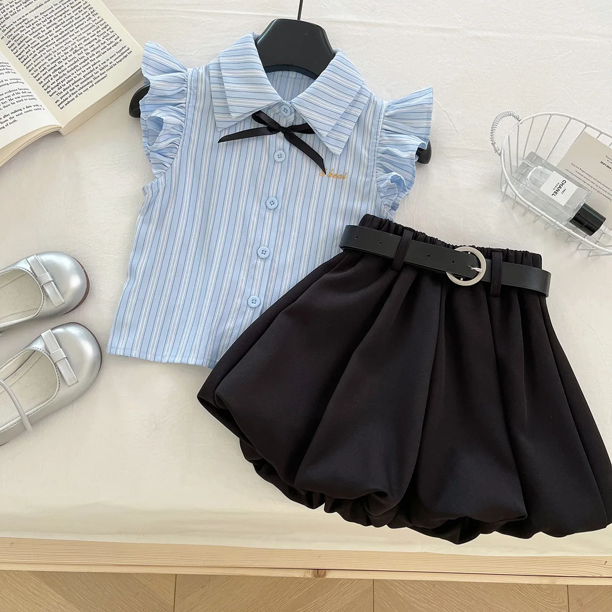 2025 ملابس الاطفال الصيف مخطط تحلق كم قميص علوي + فقاعة واسعة الساق سراويل قصيرة قطعتين عادية طفل الفتيات الزي مجموعات #4