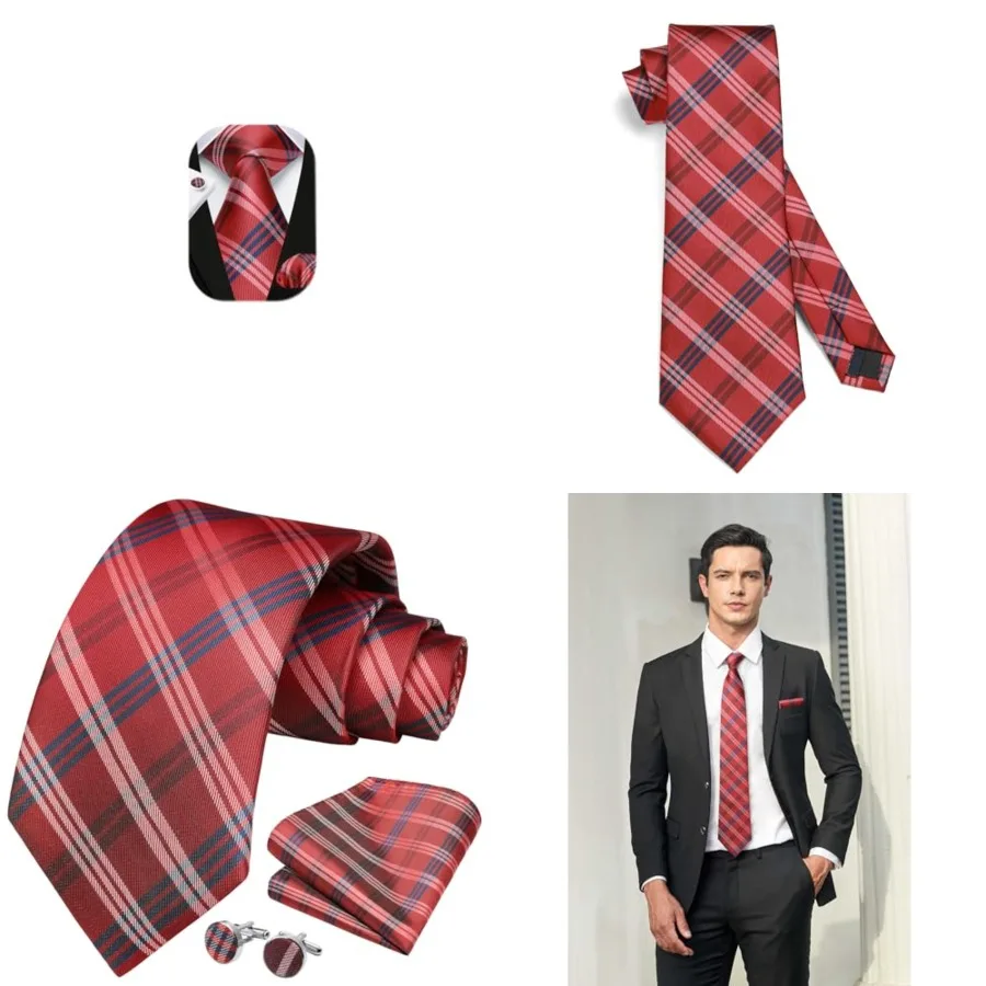 Mens Ties Set Stripe Plaid Ties for Men and Pocket Square Cufflinks Formal Silk Necktie Wedding Business, 02-red3