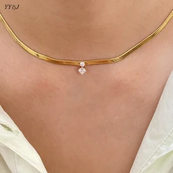 Green rhombus cubic zirconia stone herringbone chain necklace for women stainless steel minimalist dainty necklace waterproof
