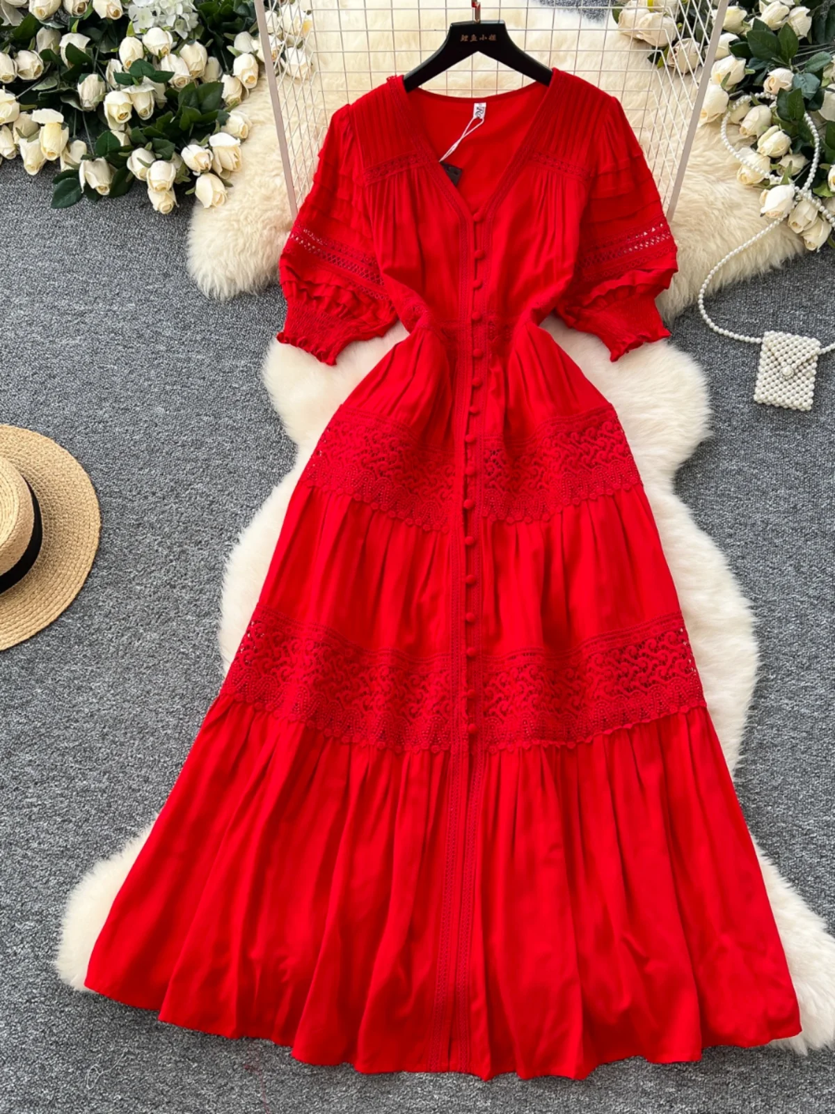 

Red Vaion Dr Women's Retro V-ne Lace Splicing Waist-cinching Single Button Bubble Sve Long Dr