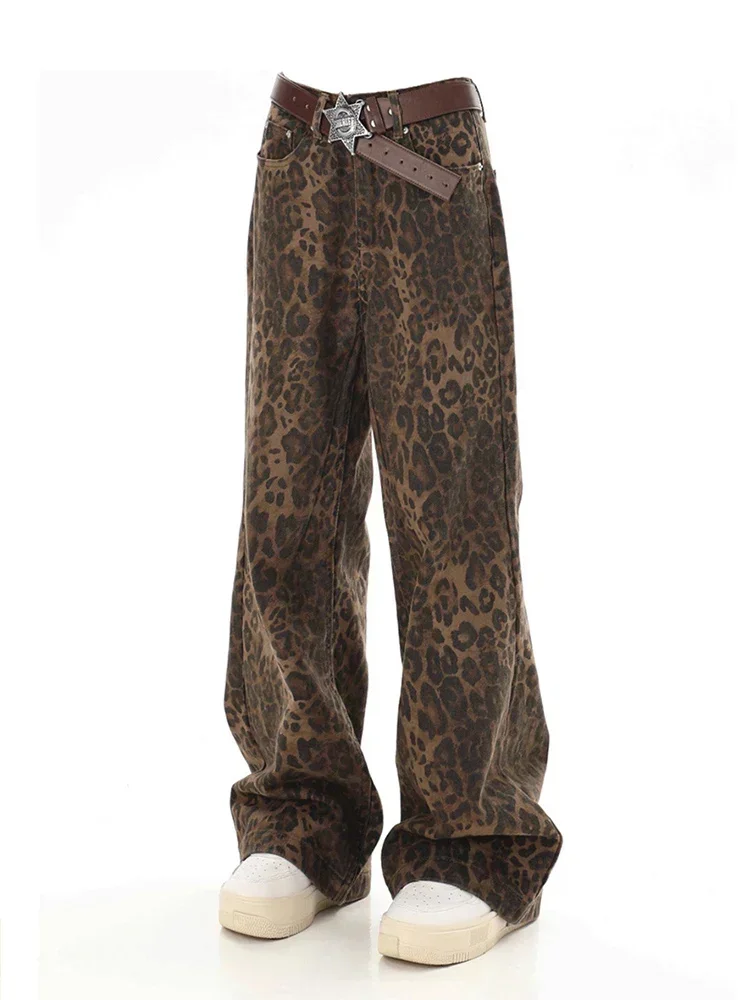 Pantalones vaqueros holgados con estampado de leopardo Y2k para mujer, pantalones vaqueros informales de pierna ancha de cintura alta, ropa de calle de moda, pantalones vaqueros rectos para mujer