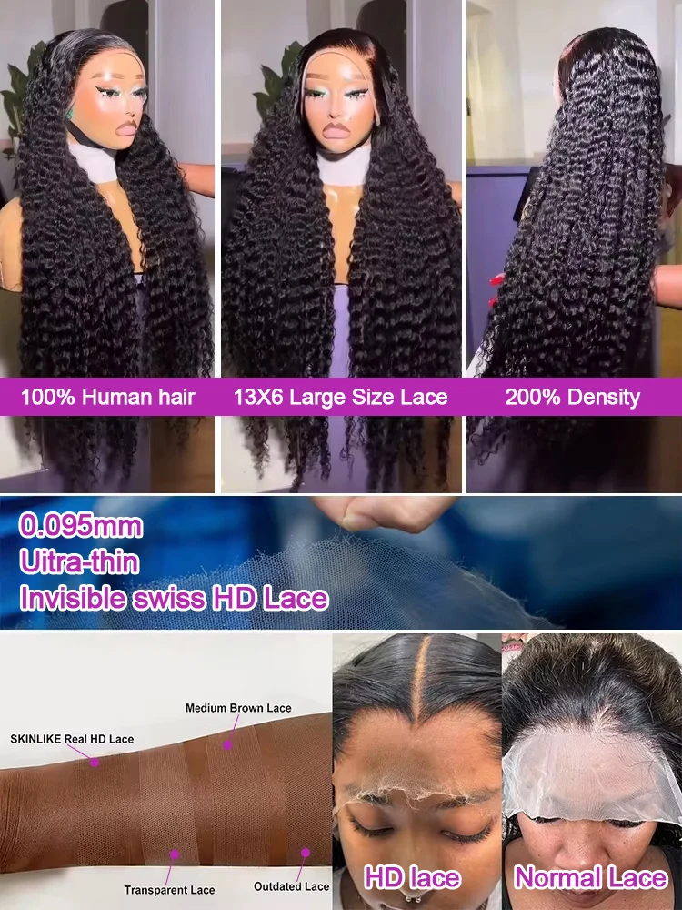 40 46 بوصة شفافة مجعد 360 13x6 Hd الدانتيل الجبهة خصلات الشعر المستعار الإنسان 300 الكثافة 13x4 موجة عميقة الباروكات الأمامية للنساء قبل قطعها