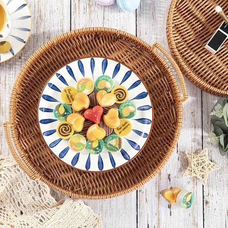 

Rattan-Style Woven Tray Round Double-Handle Fruit Basket Woven Breakfast Basket Bun And Bread Basket Afternoon Tea Snack Plate