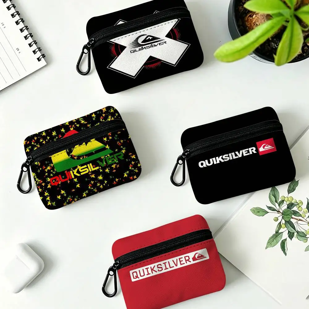 vintage famous Q-QuiksilverS LOGO Portable Oxford Cloth Coin Purse Alloy Carabiner Hook Small Zipper Pouch For Backpack