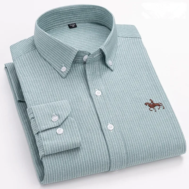 

2024 Cotton Oxford Shirt Men's Long Sleeve Embroidered Horse Casual Without Pocket Solid Yellow Dress Shirt Men Plus Size S-6XL