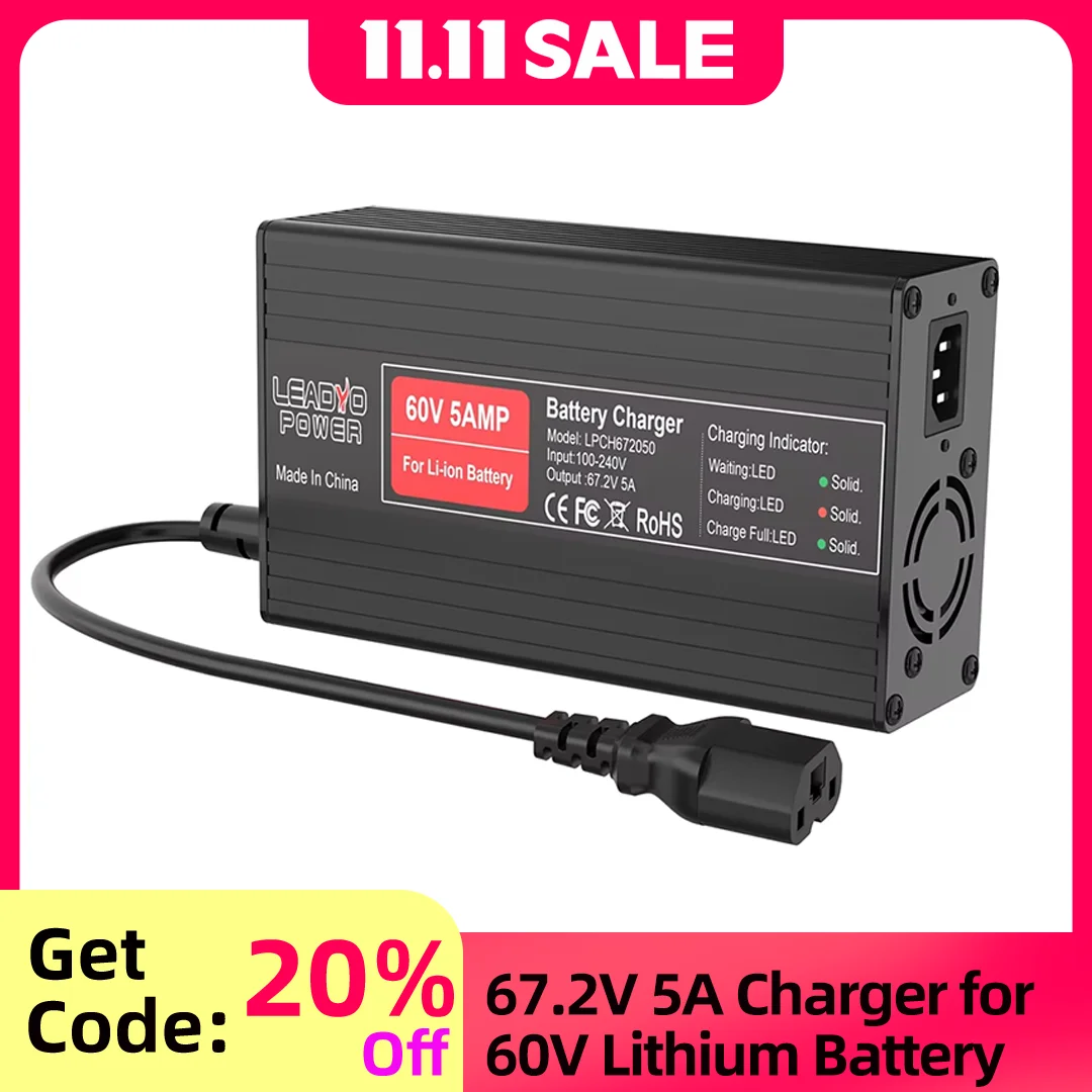 

Зарядное устройство 67,2 В, 5 А, 16S, 60 В, литий-ионный аккумулятор для электрического мотоцикла с портом зарядного устройства IEC