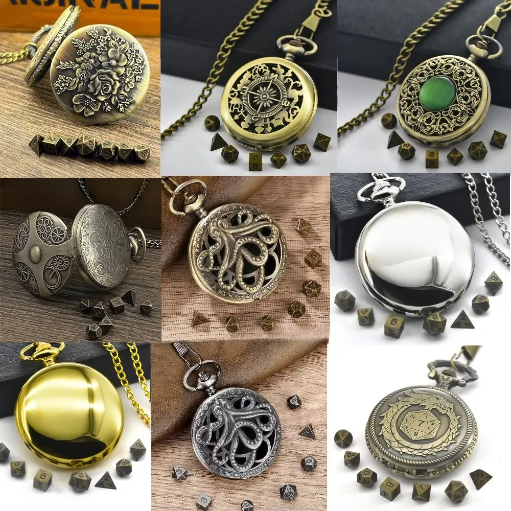 

Vintage Anime Flap Pocket Watch Box Mini Metal Polyhedron Bronze Dice Necklace， Board Game Accessories, Children's Gifts