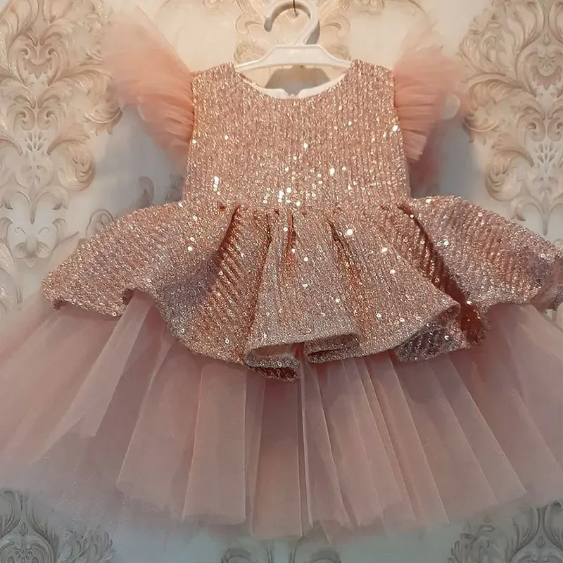 Customized Sequin Design Temperament Dresses O-neck Flying Sleeve Dress Tiered Pleat Flower Girls Vestidos Elegant Ba