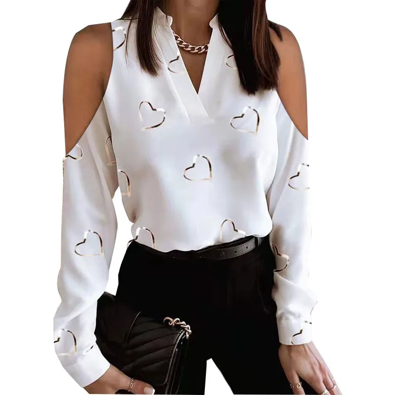 Women\'s Print Shirts Fashion Long Sleeve Off Shoulder V-neck Shirts & Blouses Temperament Lady Commuting Clothing Tops Shirt New