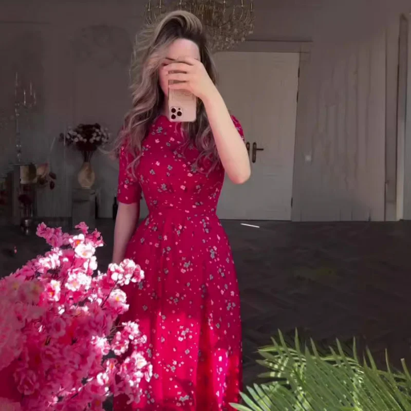 

Summer New Elegant Women's Printed Dress Round Neck Five-Sleeve One-Step Dress