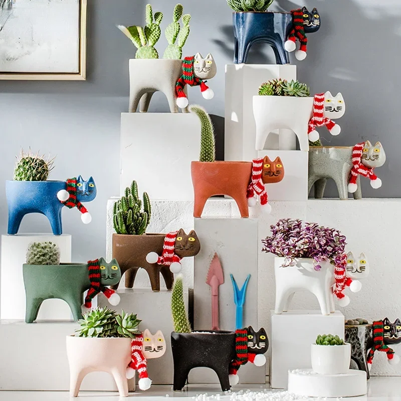 Cat Flowerpot Animal Ceramic Flowerpot Horticulture Vase Cactus Succulent Plant Potted Flower Arrangement Home Decoration