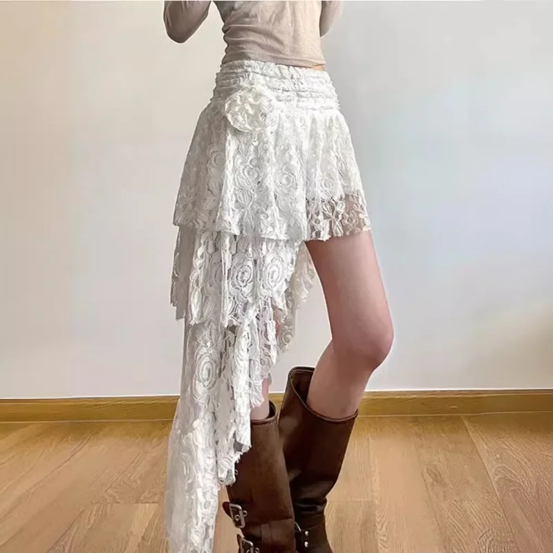 Irregular Bohemian Skirt Girls Lace Mini Skirts White Women Slim Fit Dresses Hollow Out Creativity Vestidos Para Mujer Vacation