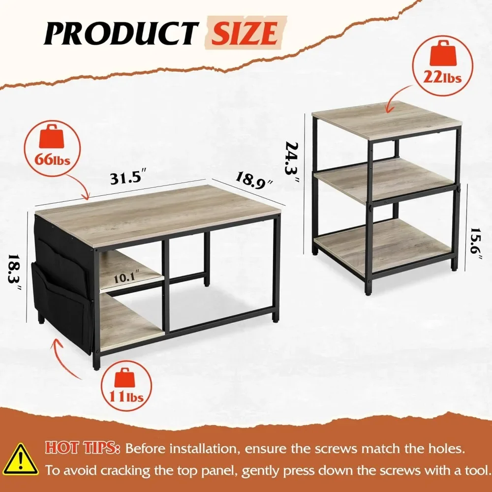 Adjustable Coffee Table Set of 2 with End Table, Small Industrial Coffee Table with Side Table, Metal Frame and Wood Desktop