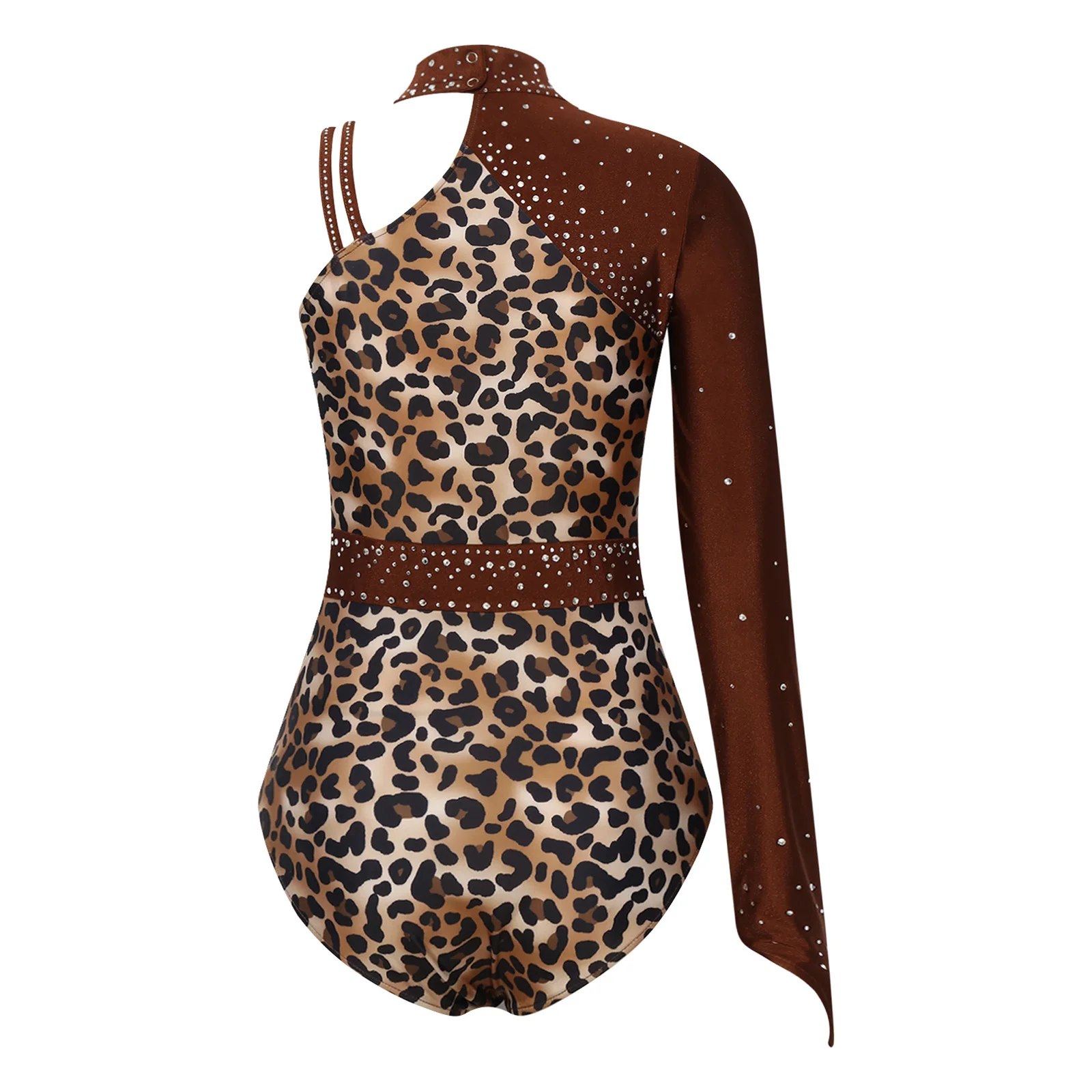 Asymmetrischer, einärmiger, moderner Jazz-Tanzanzug für Damen, Leopardenmuster, Strass, Turnanzug für Wettkämpfe, Jumpsuit – Detail 13