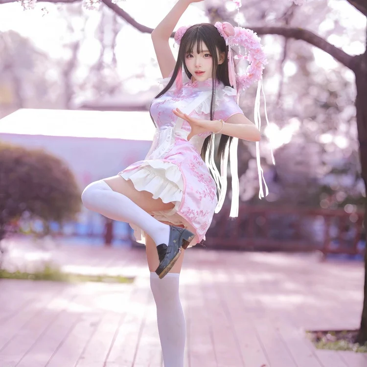 فستان تشيونغسام صيني، زي تنكري للهالوين وعيد الميلاد، زي خادمة ناعم للفتيات، زي يومي بأكمام قصيرة من مواد أخرى #2