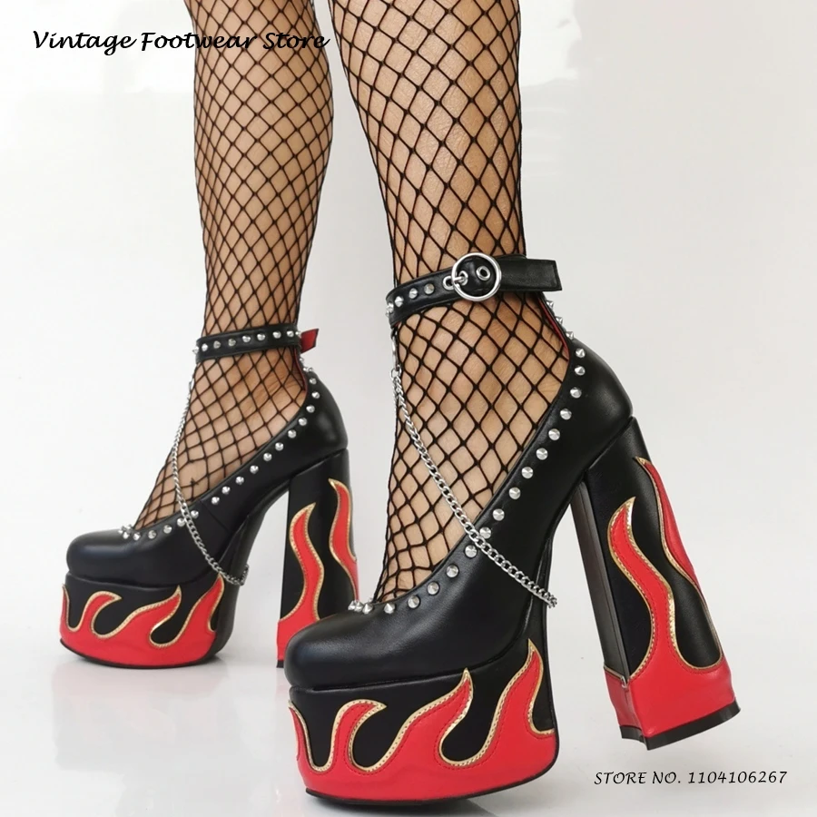 

Rivet Embellished Flame Platform Pumps Fashion Round Toe Chunky Heel Plus Size Shoes Women's Spring Summer Punk Style High Heels