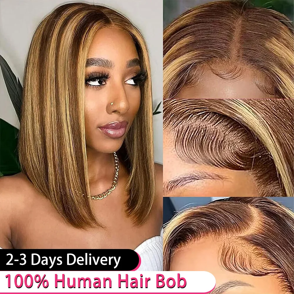 

4/27 Highlight Ombre Короткие парики Боб 10 12 дюймов 13x4 Прямой парик Remy Hd Lace Frontal 13x6 Прозрачный парик из натуральных волос на кружеве