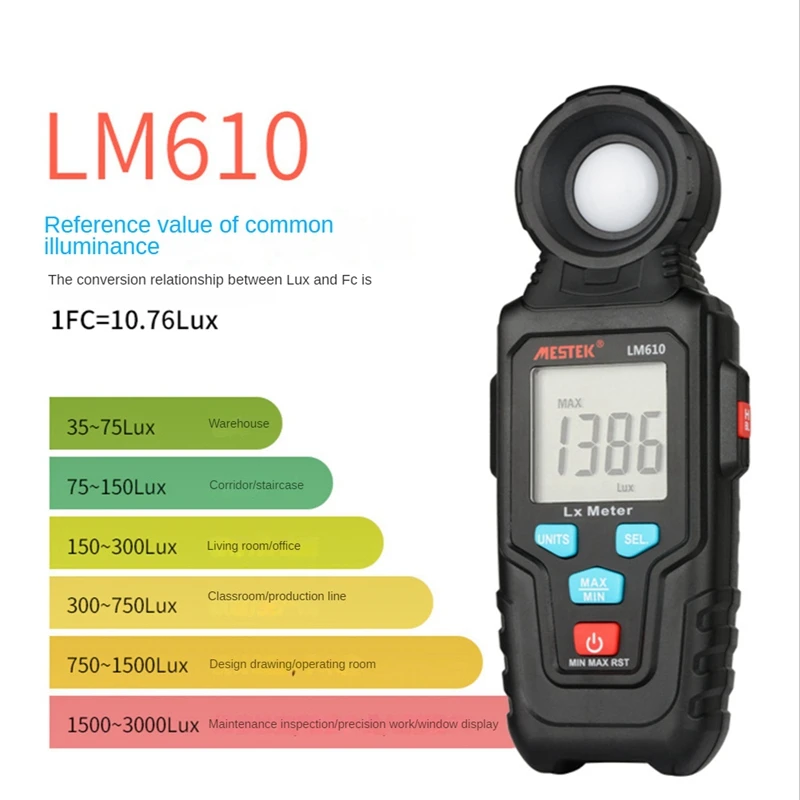 MESTEK LM610 Digital Illuminance Meter Photometer Luminosity Detector Three Test Modes