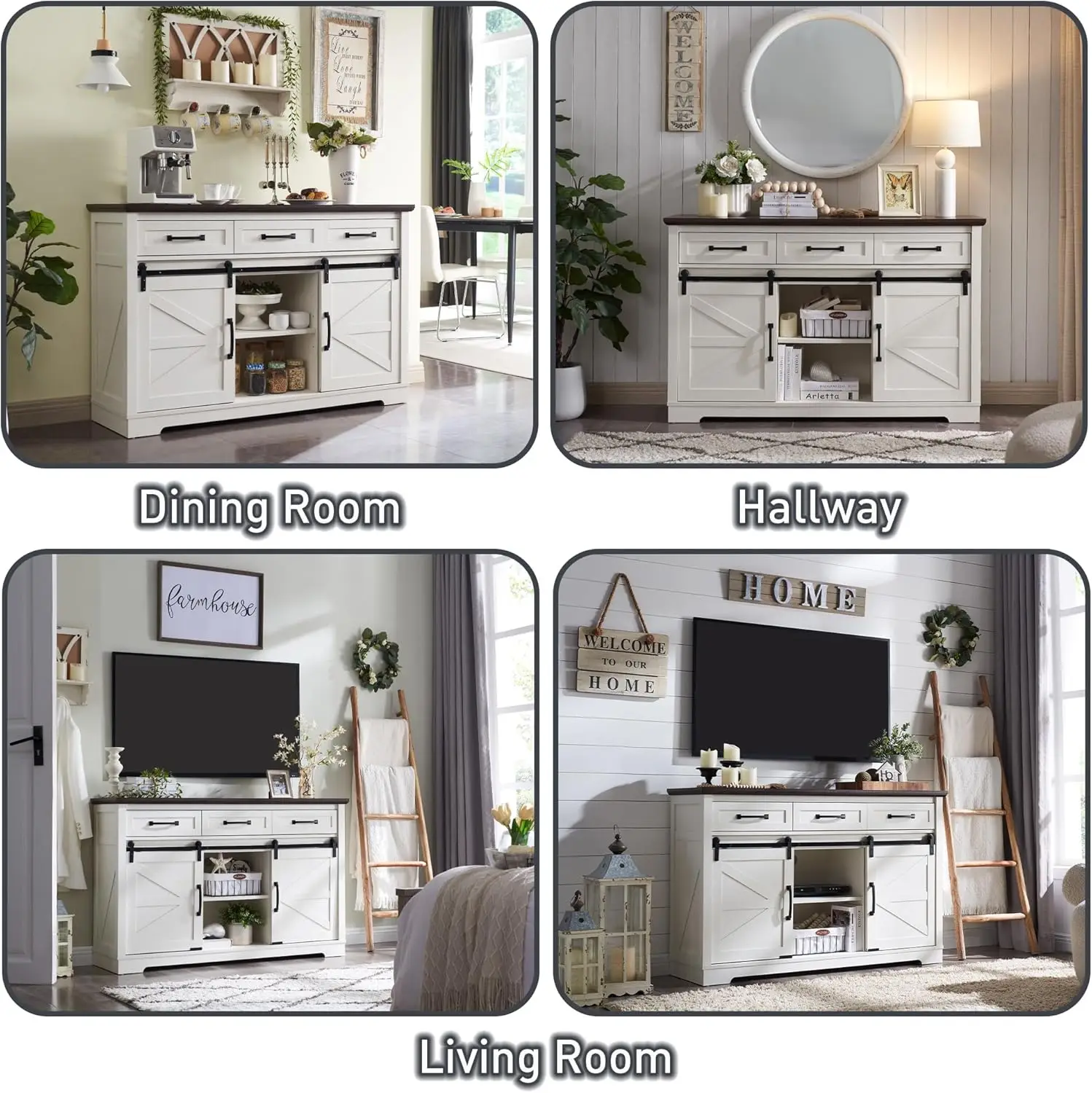 Farmhouse Buffet Cabinet, 53” Sideboard with 3 Drawers, Rustic White Storage Cabinet with Sliding Barn Door for Dining Room, Kit