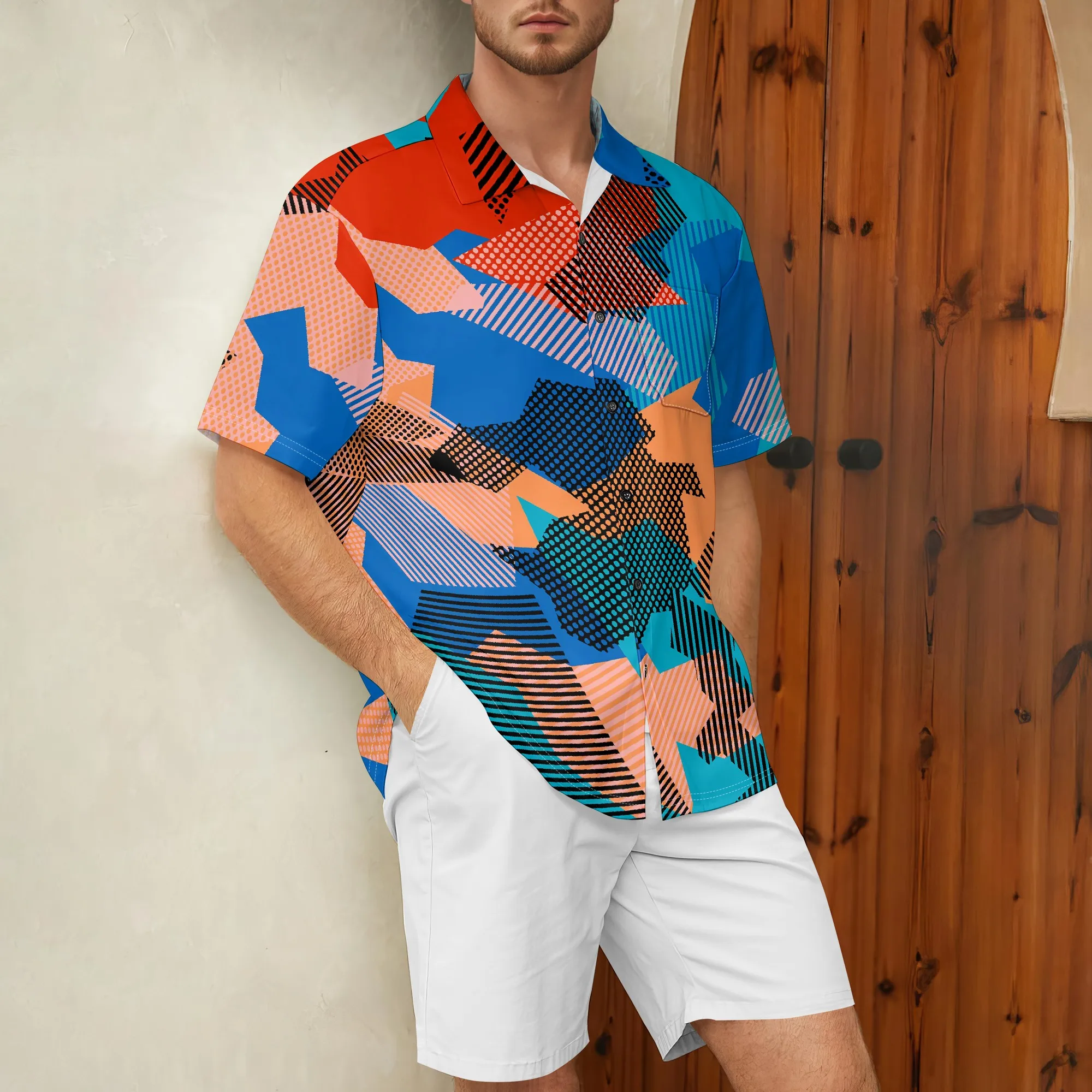

YEAE Geometric Patchwork Print Shirt for Men Summer Casual Short Sleeve Top